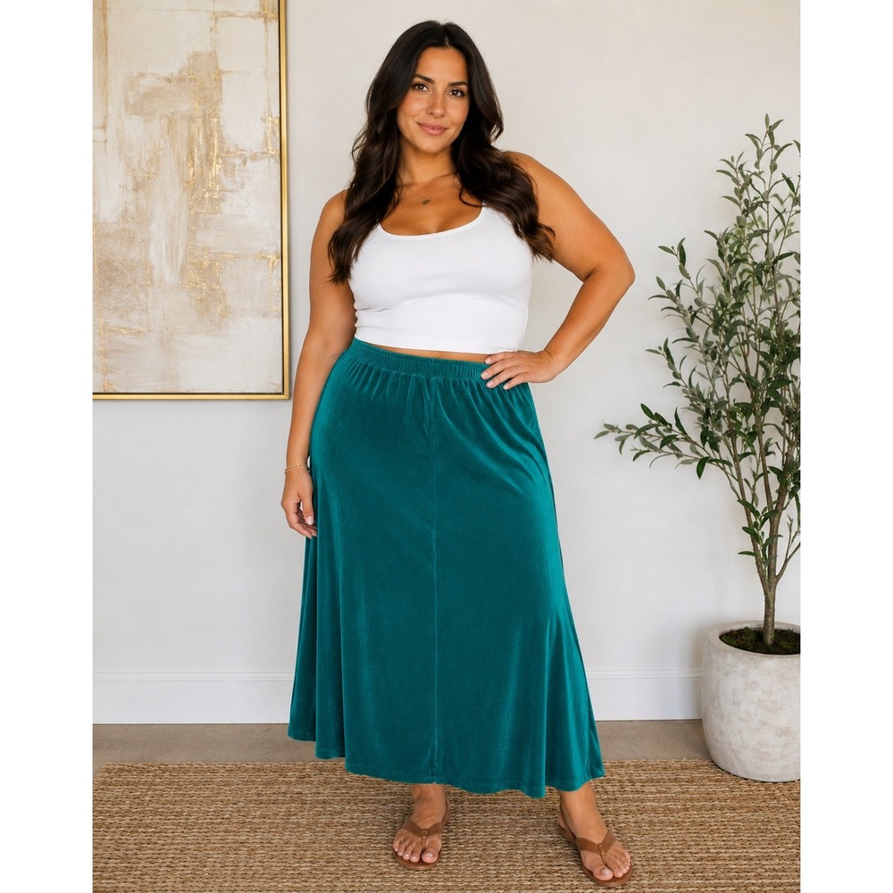 Carole Little Maxi Skirt 2X Teal Elastic Waist Back Slit Shimmer Stretch #1259